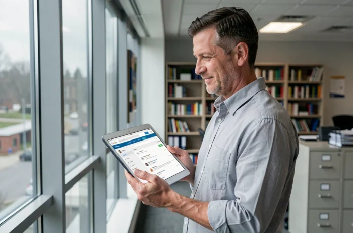 Administrateur scolaire consultant sa messagerie AC Amiens sur tablette dans un espace de travail moderne