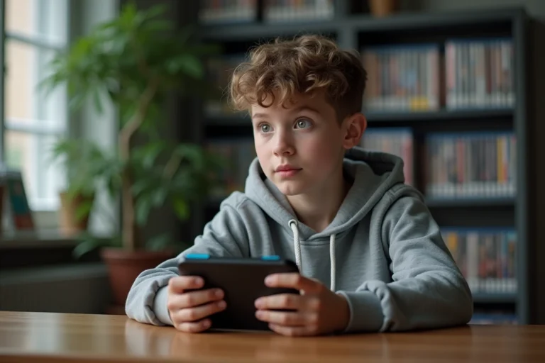 Adolescent tenant une Nintendo Switch et explorant l'installation d'un jeu dans sa chambre