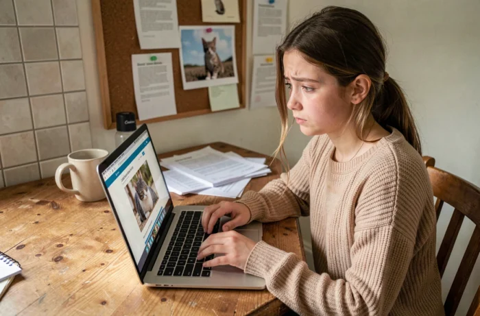 Adolescente publiant une annonce pour retrouver son chat perdu sur un site internet depuis sa cuisine