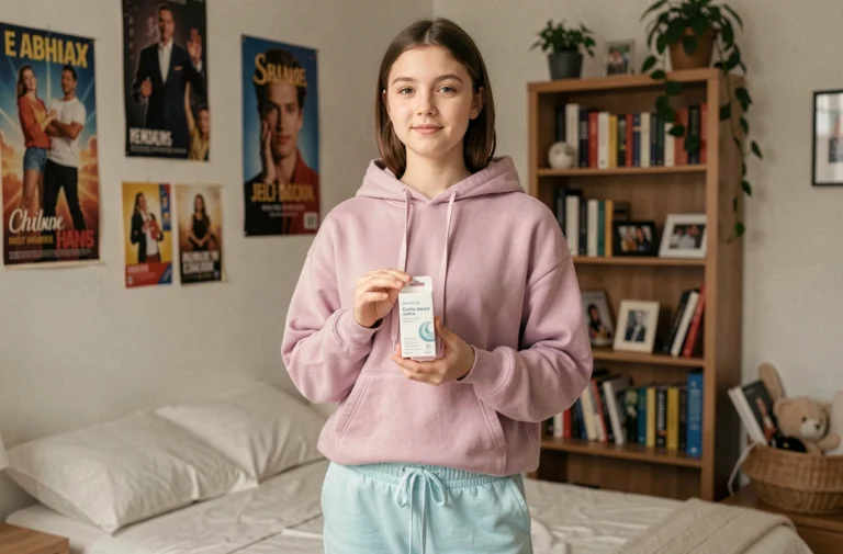 Adolescente sereine tenant un produit d'hygiène discret dans sa chambre confortable