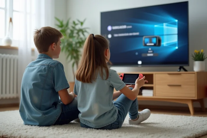 Deux adolescents configurant la Nintendo Switch en mode TV pour installer un jeu ensemble