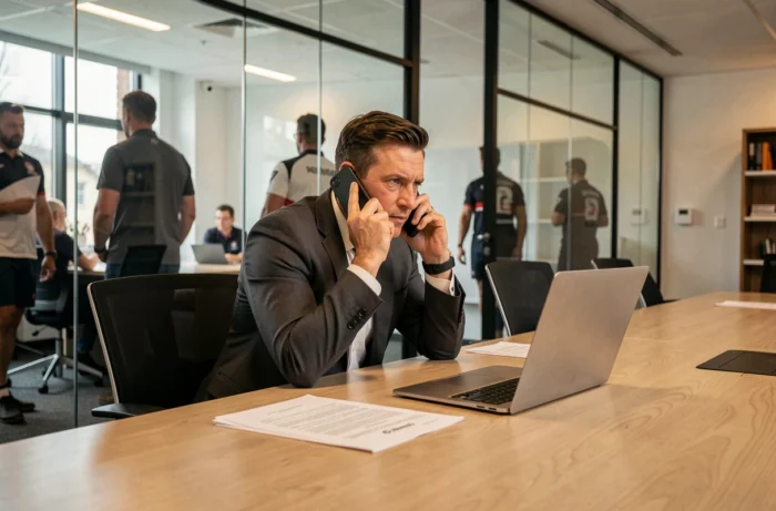 Sportagent in grauem Anzug während eines Telefonverhandlungsgesprächs in einem modernen Besprechungsraum, umgeben von Verträgen, symbolisiert die Transferverhandlungen im professionellen Rugby