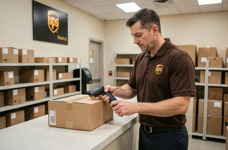 Agent UPS scannant un colis au comptoir du centre de dépôt UPS de Corbeil-Essonnes