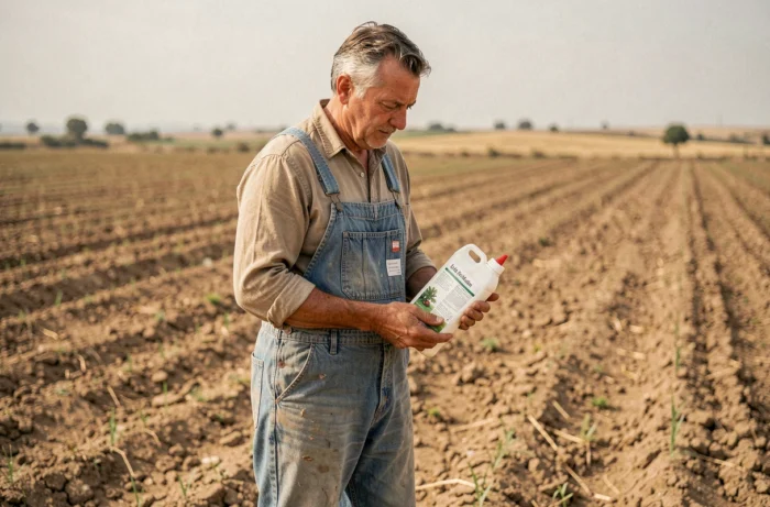 Agriculteur espagnol lisant l'étiquette d'un herbicide à base de glyphosate dans un champ agricole aride