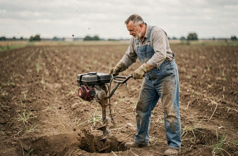 Agriculteur utilisant une tarière thermique pour forer le sol dans un champ agricole