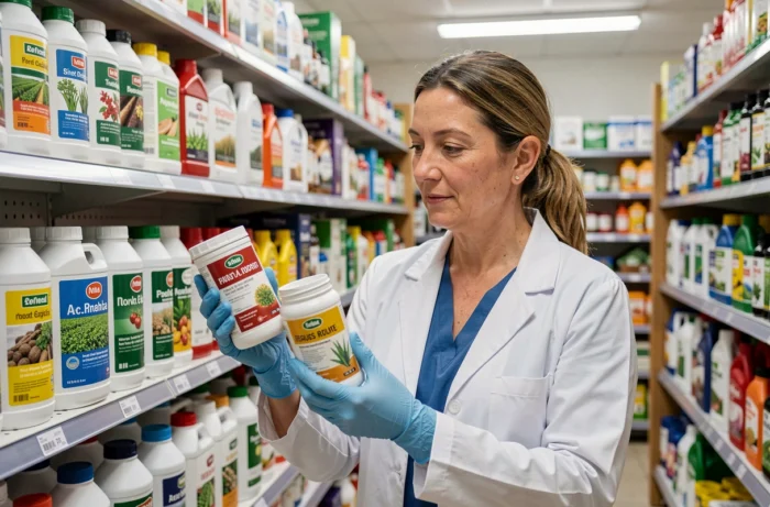 Agronom, der Herbizidprodukte in einem spezialisierten spanischen Agrargeschäft vergleicht