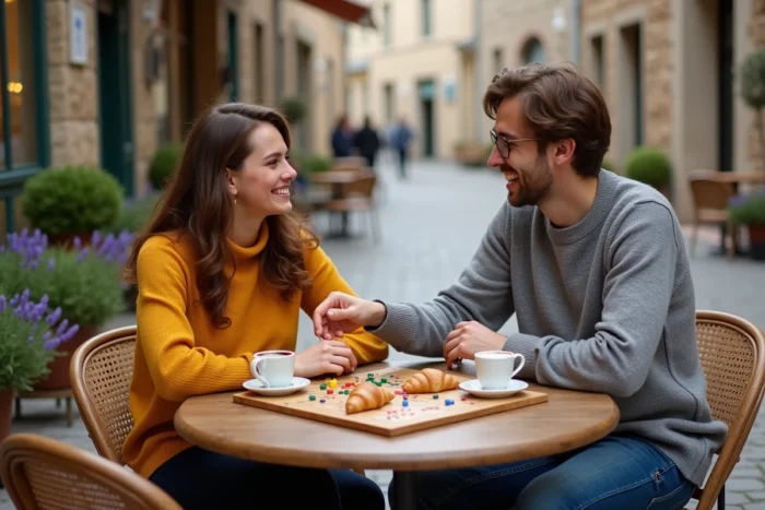 Deux amis jouant à un jeu de société en terrasse de café dans une rue pavée avec des expressions joyeuses et authentiques