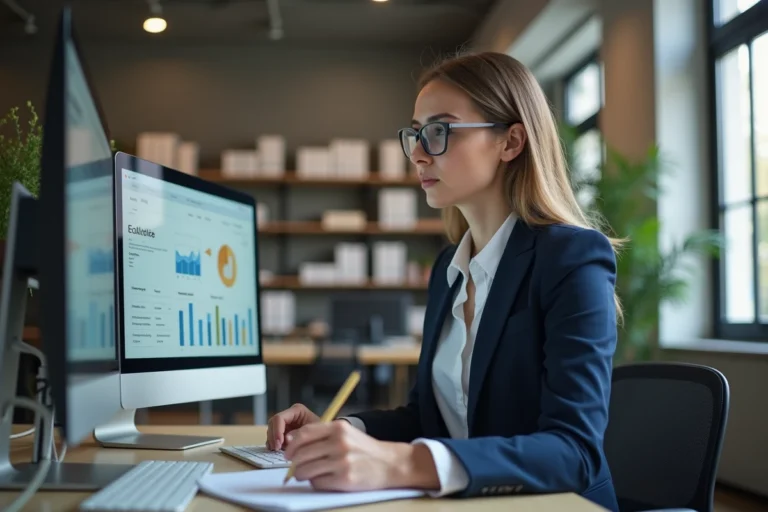 Professionnelle analysant des données SEO sur deux écrans dans un bureau moderne