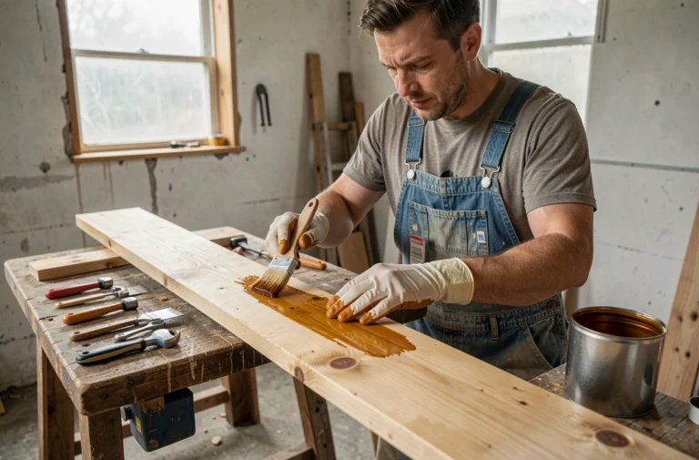 Homme appliquant une lasure polyuréthane Parkside Lidl sur une planche en bois avec un pinceau plat dans un atelier de bricolage