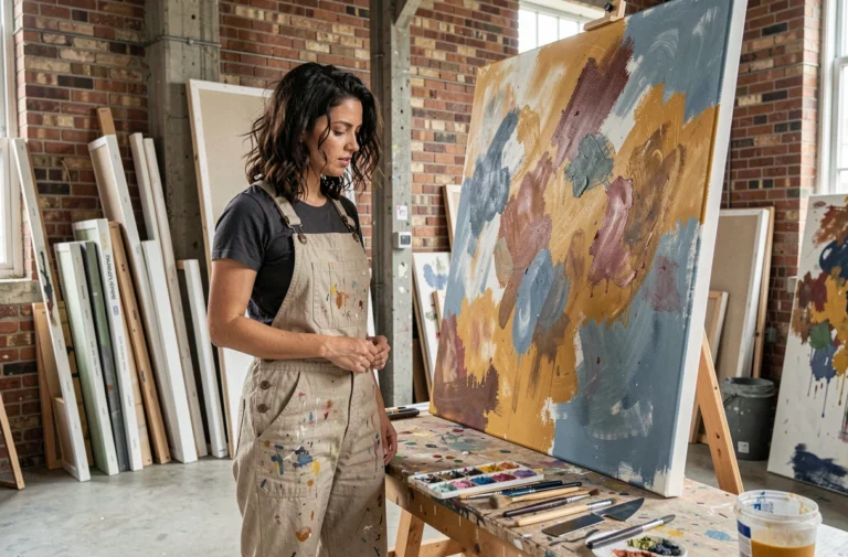 Artiste indépendante dans son atelier de création devant une grande toile abstraite colorée