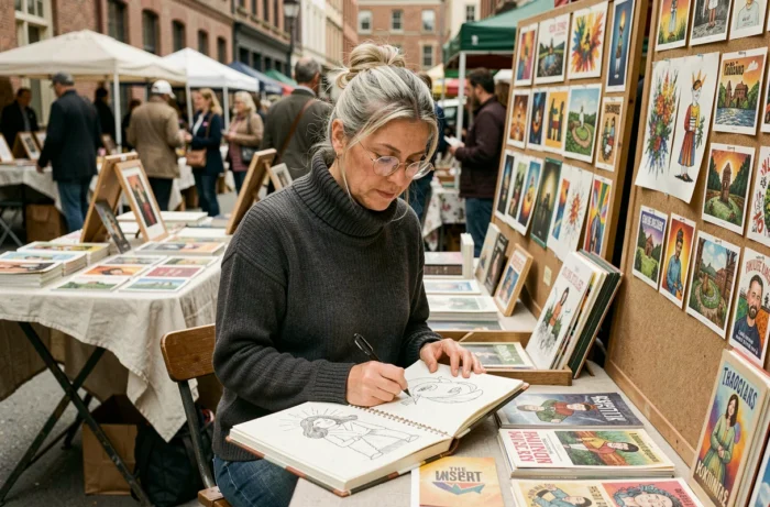 Artiste femme dessinant à son stand de marché d'art indépendant en plein air