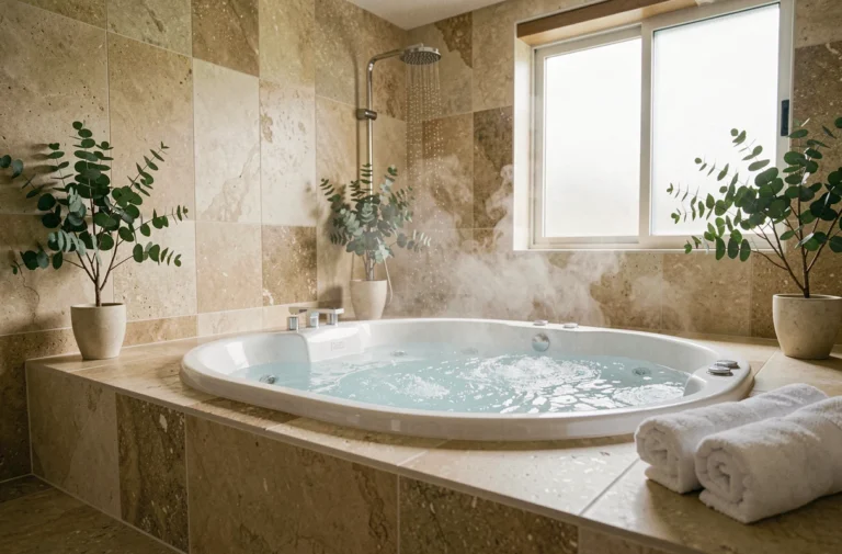 Grande baignoire balnéo deux places encastrée dans une salle de bain en pierre naturelle avec décoration spa épurée