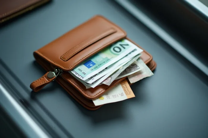 Portefeuille ouvert contenant des billets de banque en euros posé dans un bac de contrôle de sécurité aéroportuaire
