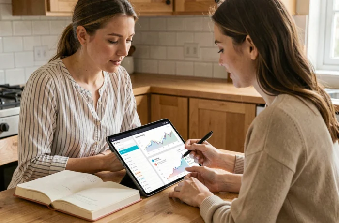 Une femme définissant un budget de trading séparé de son épargne personnelle avec une tablette et un carnet