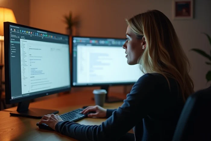 Femme centralisant toutes ses informations et tâches dans un seul outil numérique affiché sur deux écrans dans son bureau