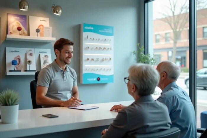 Un couple de seniors en rendez-vous dans un centre auditif Audika pour renseignements sur les prix des prothèses auditives