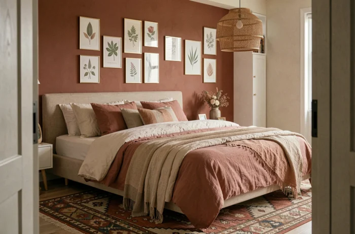Chambre bohème moderne avec literie en lin terracotta, mur coloré et galerie de cadres botaniques en laiton