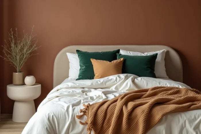 Chambre tendance décorée avec un lit en lin belge froissé, un plaid chunky knit camel, des coussins en velours vert forêt et une table de nuit en plâtre courbé avec un rameau d'olivier