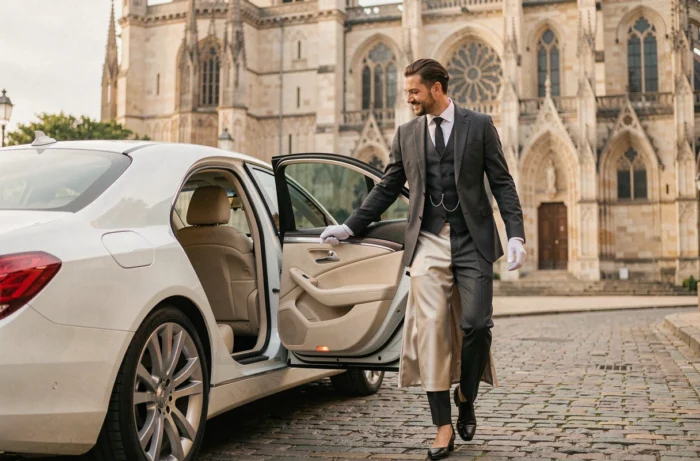 Chauffeur en costume ouvrant la portière d'une Mercedes blanche pour une mariée dans le quartier Saint-Étienne à Toulouse