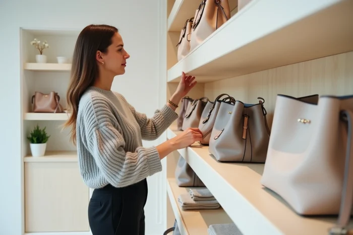 Femme choisissant son sac tendance dans une boutique minimaliste moderne, large sélection de sacs en cuir