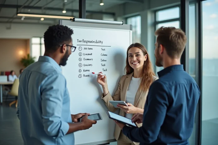 Équipe de trois professionnels clarifiant les responsabilités sur un tableau de projet lors d'une réunion dans une salle collaborative