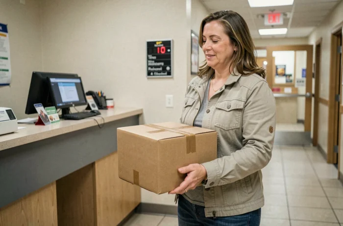 Cliente déposant un colis de retour au comptoir du point relais UPS de Corbeil-Essonnes