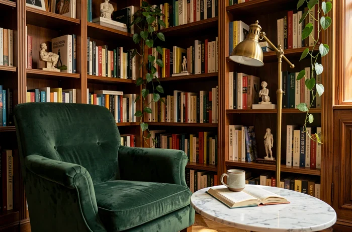 Coin lecture cosy avec fauteuil en velours vert, bibliothèque en bois et plantes dans un appartement de style parisien
