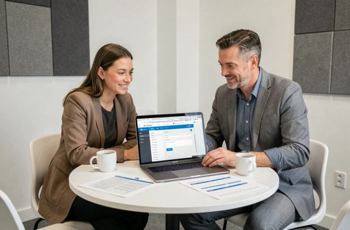 Deux professionnels de l'éducation nationale collaborant sur la messagerie et les services intranet AC Amiens