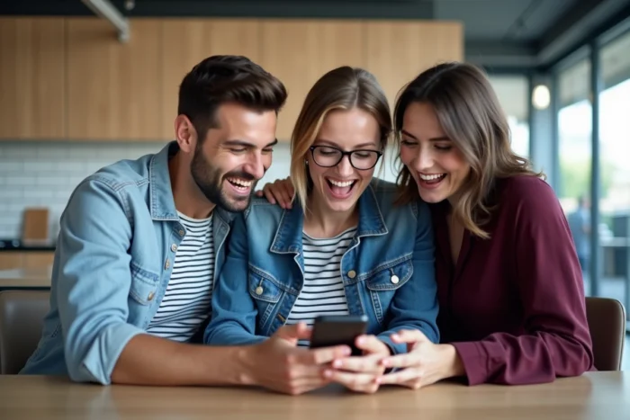 Groupe de collègues partageant du contenu humoristique sur internet pendant une pause au bureau