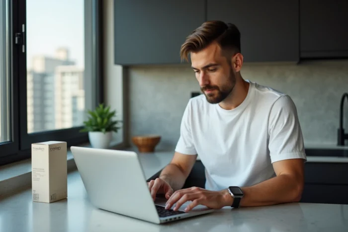Homme commandant des produits Typology en ligne depuis son appartement avec un colis reçu