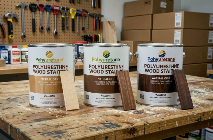 Comparaison de trois lasures polyuréthane de différentes marques avec des échantillons de bois teintés posés sur un établi