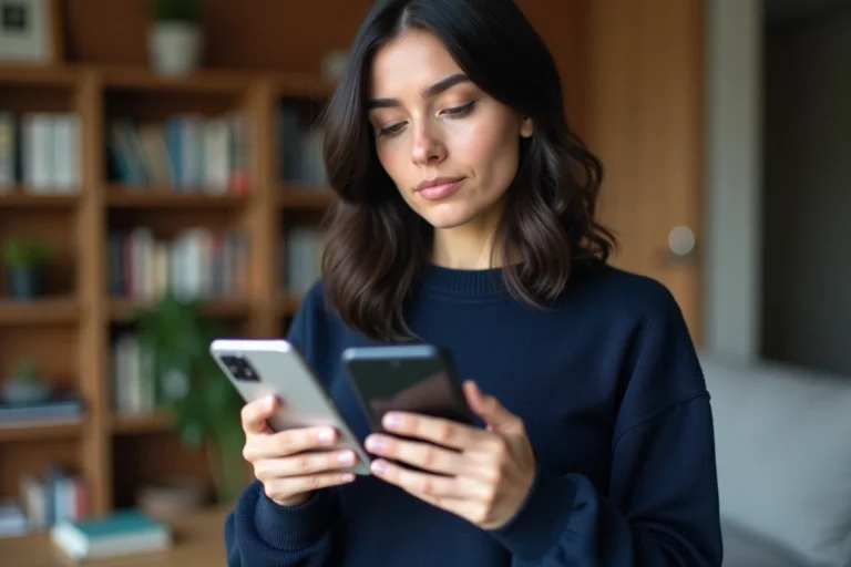 Femme comparant deux smartphones Samsung Galaxy, série A et série S, côte à côte dans un salon moderne