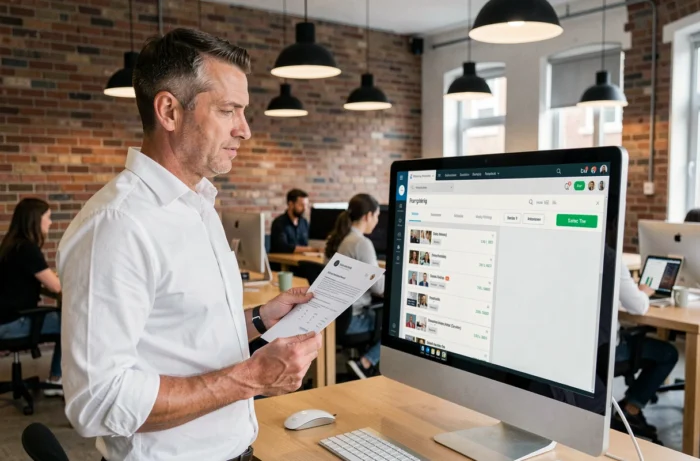 Homme en espace de coworking comparant des offres d'emploi sur un site généraliste et son CV imprimé