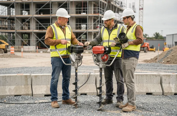 Deux ouvriers comparant deux modèles de tarières thermiques sur un chantier de construction