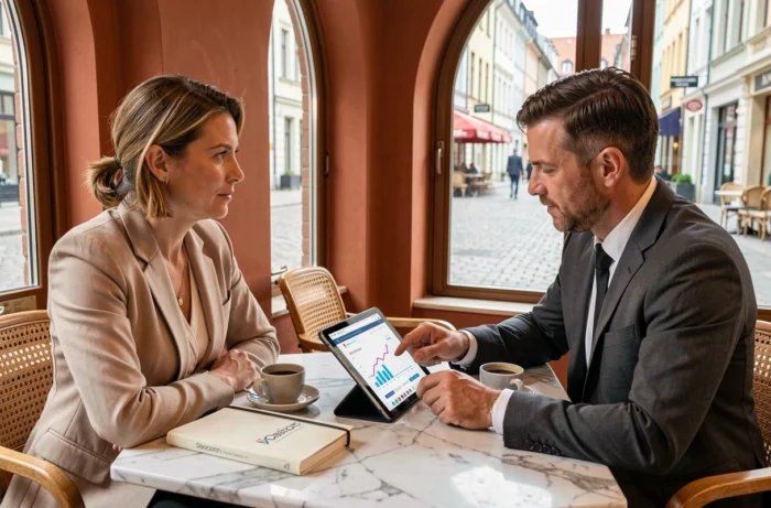 Cheffe d'entreprise en consultation avec un conseiller d'agence web autour d'un tableau de bord marketing digital dans un café de Luxembourg-Ville