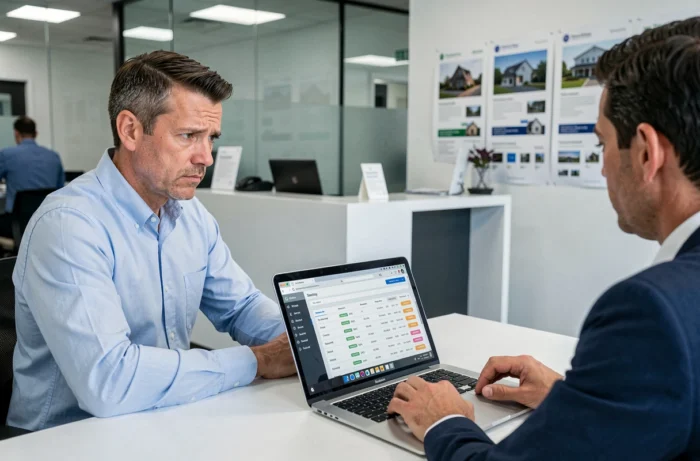 Homme en consultation avec un agent immobilier devant un dossier de location numérique, expression hésitante