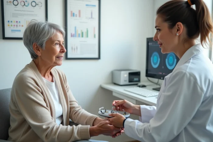 Une femme senior en consultation chez un audioprothésiste Audika découvrant une prothèse auditive moderne