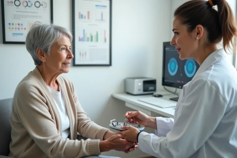 Une femme senior en consultation chez un audioprothésiste Audika découvrant une prothèse auditive moderne