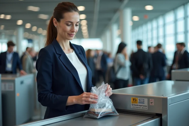Femme d'affaires déposant son portefeuille et ses affaires dans un bac de contrôle de sécurité à l'aéroport
