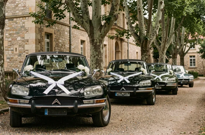 Cortège de trois Citroën DS noires vintage alignées devant un château près de Toulouse pour un mariage