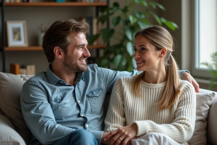 Couple dans un appartement parisien, discutant sur un canapé dans une ambiance intime et chaleureuse