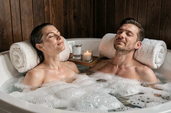 Couple se relaxant ensemble dans une baignoire balnéo deux places avec jets d'eau et ambiance bien-être intime