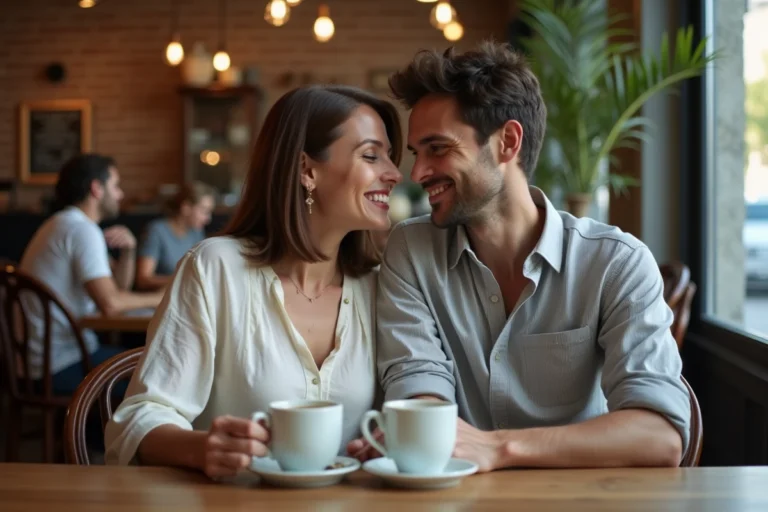 Couple complice attablé dans un café parisien, évoquant une relation amoureuse authentique et détendue