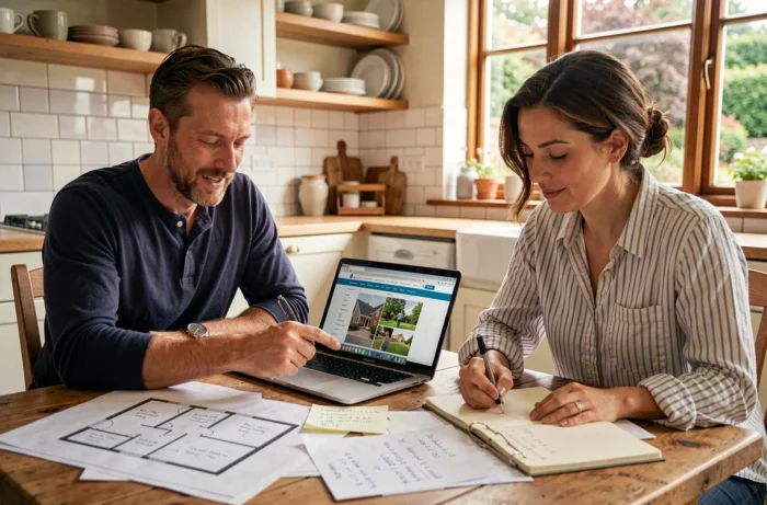 Couple étudiant les prix immobiliers du marché à domicile avec plans et ordinateur portable pour estimer leur maison