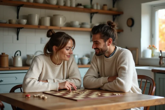 Couple jouant à un jeu de société dans une cuisine rustique en automne, idée de loisir convivial en intérieur pour toutes les saisons