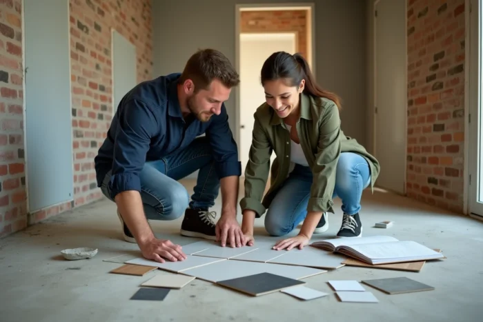 Couple examinant des échantillons de matériaux et des notes de projet dans une pièce en cours de rénovation