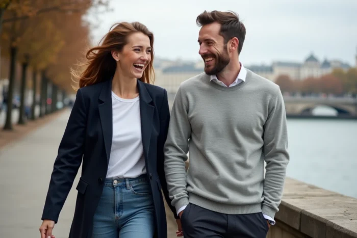 Couple se promenant au bord de la Seine à Paris, riant ensemble dans une atmosphère complice et décontractée