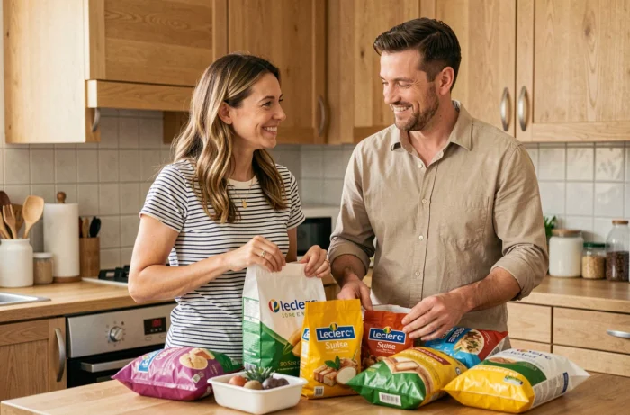 Couple rangeant des courses marque repère Leclerc dans leur cuisine moderne
