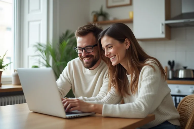 Couple cherchant une petite maison avec jardin à louer entre particuliers sur un ordinateur portable