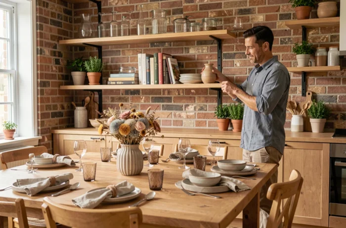 Homme décorant des étagères ouvertes en brique dans une cuisine salle à manger au style artisanal contemporain